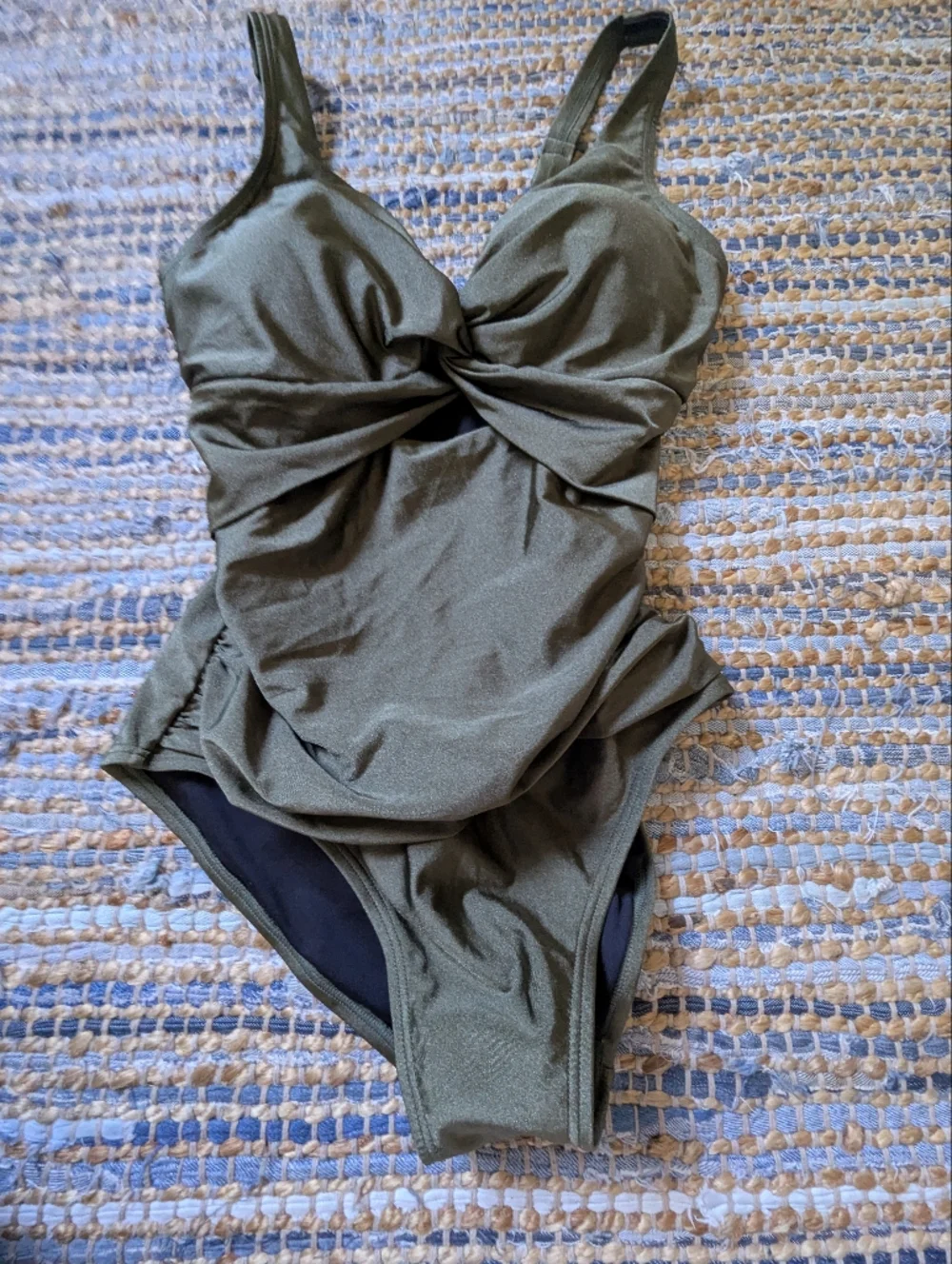 DKNY Olive Green One Piece Swimsuit M Twist Front Ruched Tummy Control Sleek - Picture 2 of 9